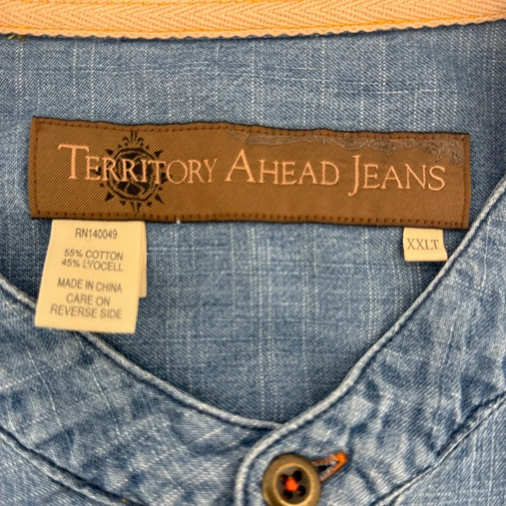 Territory Ahead Jeans Mens XXLT Blue Cotton Lyocell Banded Collar Henley Shirt - Picture 3 of 6